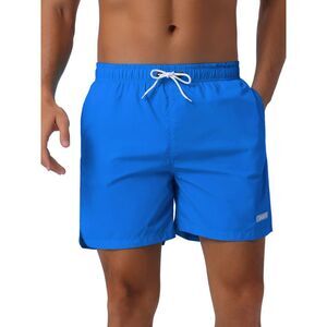 Summer Drawstring Elastic Waist Mesh Lining Solid Board Shorts Blue